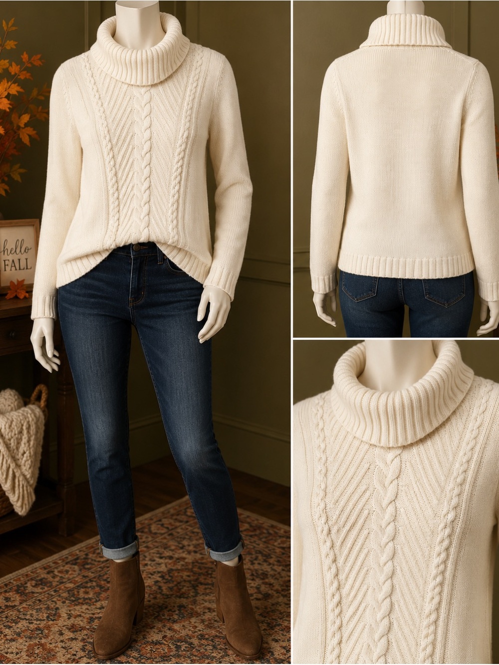 Talbots Petite SP Cream Cable Knit Turtleneck Sweater 100% Cotton Ivory